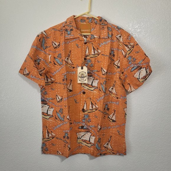 Men's Margaritaville Perfect Weather Hawaiian Button Up Orange Shirt - Picture 3 of 6